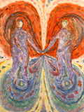 Detail of Lauren Bryden's 'The Dreamers', a monotype on calico, depicting two figures holding hands at the centre of a red and purple butterfly wing.