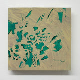 Bouquet Glimpse is a painting on a piece of square board primed in sandy yellow. Abstract, the scattered shapes of green denote greenery that has been broken down beyond recognition.