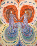 Lauren Bryden's 'The Dreamers' is a monotype on calico, depicting two figures holding hands at the centre of a red and purple butterfly wing.