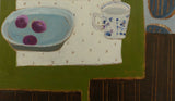 Fiona MacRae's 'Sap Green Table' is an oil painting on paper. Stylised and pictorial, the artwork depicts a mug, a dish with three plums on a sap green table.