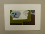 IMAGE OF ARTWORK IN MOUNT Fiona MacRae's 'Sap Green Table' is an oil painting on paper. Stylised and pictorial, the artwork depicts a mug, a dish with three plums on a sap green table.