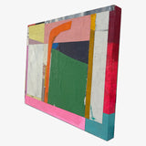 ANGLE SHOT II Sara Breinlinger's 'Out Loud' is a collage on a wooden panel. Abstract, colourful and tactile, Breinlinger presents ideas of rebellion with unruly lines and blemished surfaces.