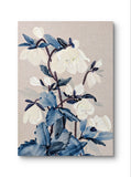 Picture is a detailed study of a hellebores. Muted, the pallet only consists of ink blue, and umbers with white and cream flowers.