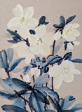 Detail shot. Picture is a detailed study of a hellebores. Muted, the pallet only consists of ink blue, white and cream.