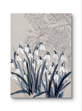 Shot of artwork in situ on white wall. Picture is of snowdrops with shrubbery faintly rendered in the background. Muted palett of inky blues and greys with white flowers.