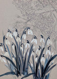Picture is of snowdrops with shrubbery faintly rendered in the background. Muted palett of inky blues and greys with white flowers.