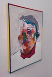 Gordy Livingstone 'What Way to Turn Now?' oil on canvas. Painting of abstracted face. Colours include blue, red, green, yellow and shades of white. Artwork comes framed. View from left side.
