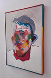 Gordy Livingstone 'What Way to Turn Now?' oil on canvas. Painting of abstracted face. Colours include blue, red, green, yellow and shades of white. Artwork comes framed. View from right side.