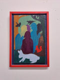 Gordy Livingstone Title: Where All The Wild Things Are Artist: Gordy Livingstone Medium: oil on wooden panel  Size: 24 cm x 15 cm. Photographed in a red, hand-made frame.
