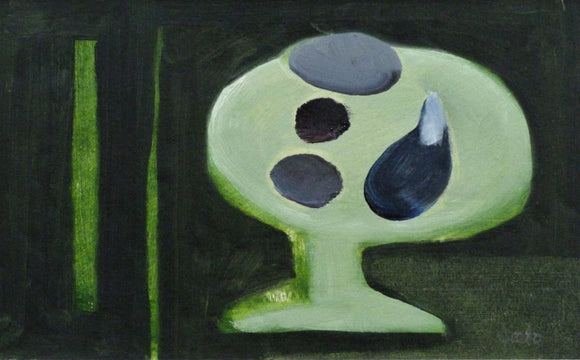 Title: Green Tazza (Run Over Artist: Fiona MacRae Medium: Oil painting (unframed) Size: 28.5 cm x 38.5 cm. Comes mounted in off-white card. Naive still life of table-top with beach combed shells and pebbles.