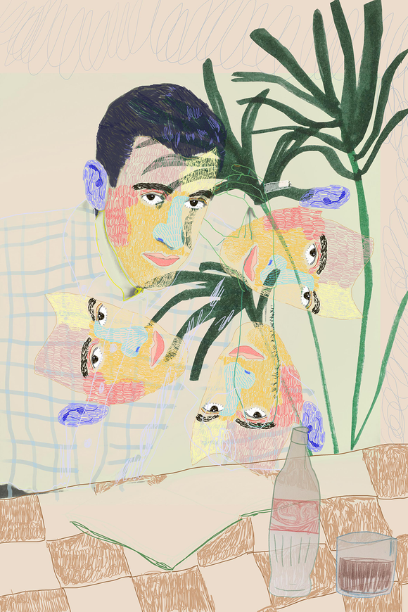 Dan Jamieson's 'J D and Coke' digital drawing and collage on acrylic. Artwork depicts J D Salinger drinking a bottle of cola. Contains multiple colours (beige, dark green, purple, pink and light blue)