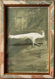 Photograph of Laura McMorrow's painting 'Albino Peacock' in reclaimed frame.