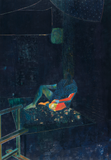 Greg Genestine-Charlton's 'Evaporating' is a mixed-media artwork on paper. It depicts a figure in a dark room disolving into the atmosphere. Colours include dark blues and greens with orange and yellow.