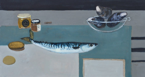 Fiona MacRae 'Mustard Jelly Mackerel' is an oil painting on paper of a table-top assortment featuring a mackerel, jam and jelly jars, and a bowl of mussels. Colours include blue, green, grey and ochre