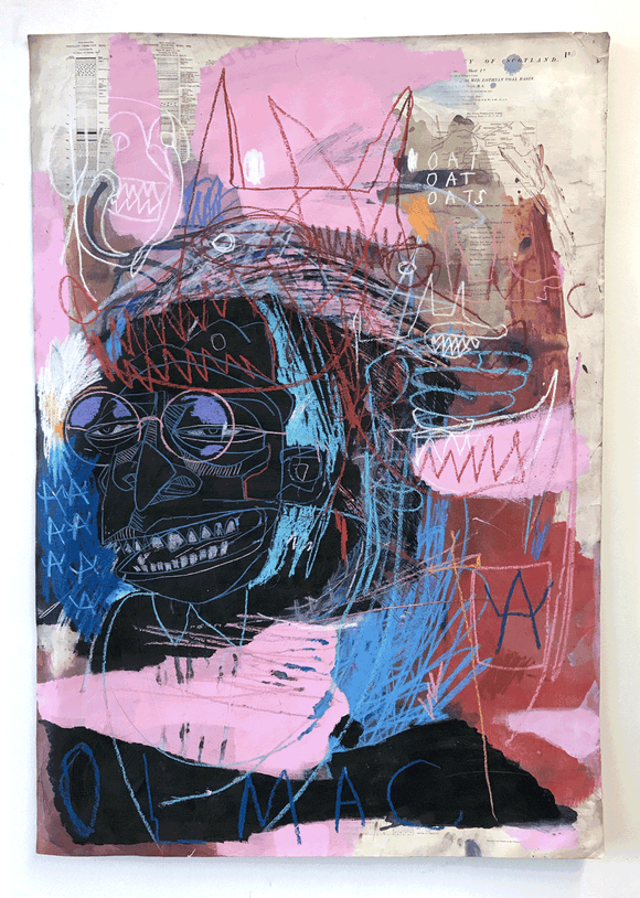 Title: Olmac Artist: Stewart Swan Medium: acrylic and oil bar on an old map Size: 105 cm x 73 cm. Mixed-media artwork on paper containing pink, blue and black