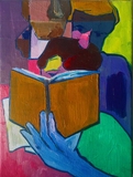Gordy Livingstone's 'Read This'. A painting on canvas measuring 40 cm x 30 cm. The painting contains multiple colours (blue, green, yellow, orange and pink).
