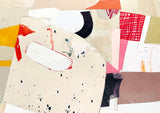 Sara Breinlinger's 'Same Speed Different Gear' a collage on paper measuring 40 cm x 30 cm. Comprising painted paper with graph paper. Colours include red, yellow, yellow and pink