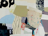 Sara Breinlinger's 'Slow Days Fast Company' a collage on paper measuring 40 cm x 30 cm. Comprising painted paper and graph paper, and found media. Colours include blue, mauve and green