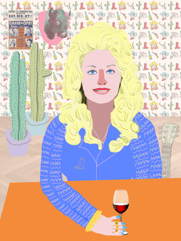 Dan Jamieson's 'Feeling Dolly Good' digital drawing and collage on acrylic. Depicting Dolly Parton drinking a glass of wine. Containing multiple colours including blue, orange, green, yellow and purple.