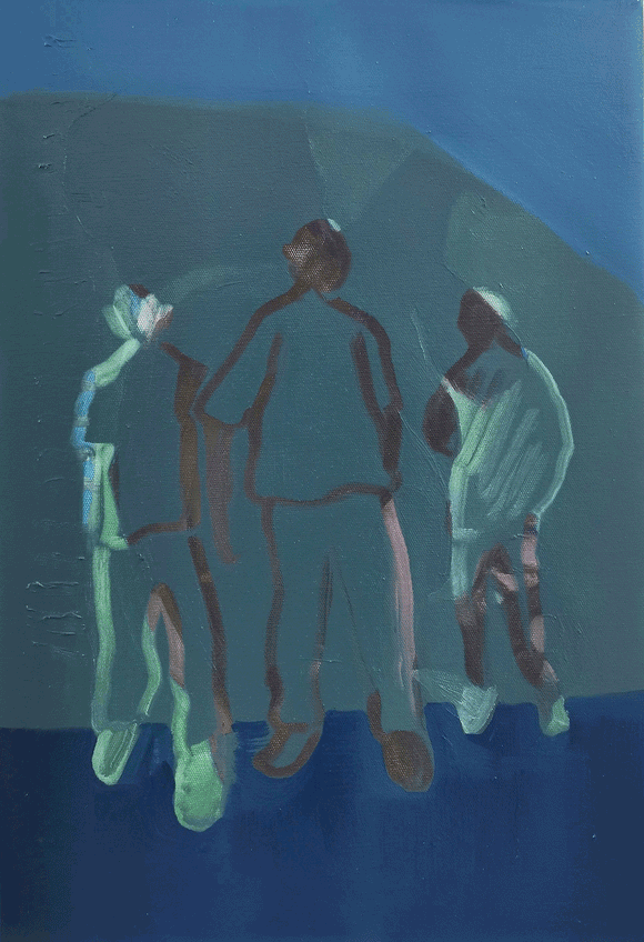 Gordy Livingstone's 'Three Wise Men' oil and enamel on canvas, measuring 38.5 cm x 56 cm. The palette is predominantly blue and green