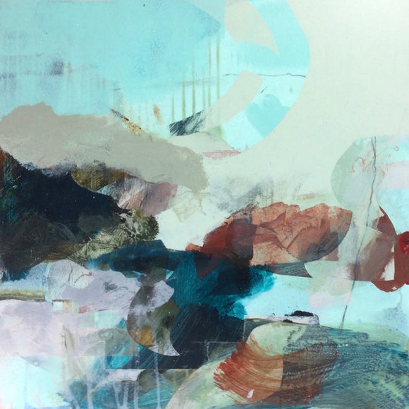 Rue Asher's 'Into The Air' is an abstract artwork composed of multiple layers of gestural and fluid brushstrokes and block shapes all overlapping. 