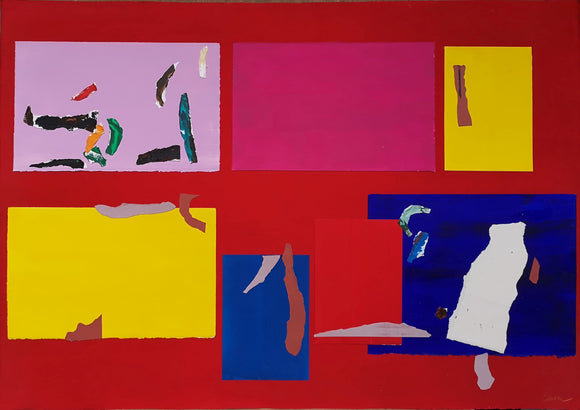 Patricia Paolozzi Cain's 'Dropping Into No Time'. An abstract composition comprising of red, pink, yellow and blue.