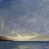 Andrew Sinclair's 'Carna Alight' is an oil painting on board. It depicts a Highland view over open water with a stormy sky above and hills beyond. In the distance, the dark grey clouds are punctuated by sunlight. Carna is a small island located between the Ardnamurchan and Morvern peninsula.