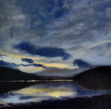 Andrew Sinclair 'Loch Sunart West Evening' is an oil painting on board. It depicts a Highland scene at dusk. 