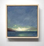 FRAME 1 Andrew Sinclair's 'Carna Alight' is an oil painting on board. It depicts a Highland view over open water with a stormy sky above and hills beyond. In the distance, the dark grey clouds are punctuated by sunlight. Carna is a small island located between the Ardnamurchan and Morvern peninsula.