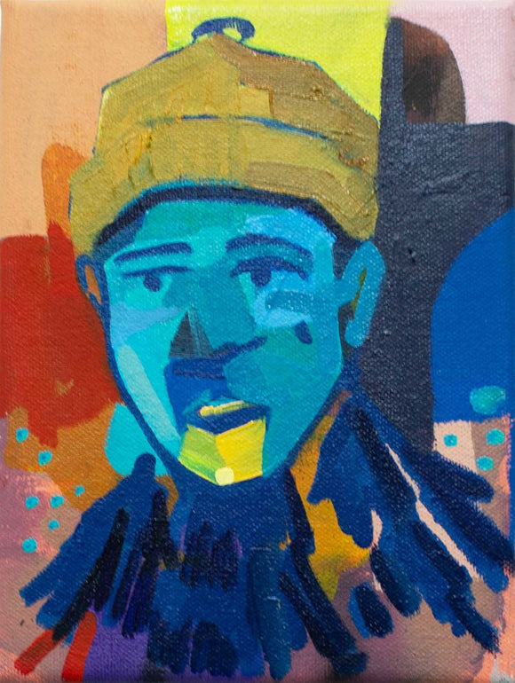 Pictured here: Gordy Livingstone's 'Beanie', an oil painting on canvas of a person wearing a beanie hat. Painterly with strong colours, this small portrait comprises blue, yellow, red, green and orange.