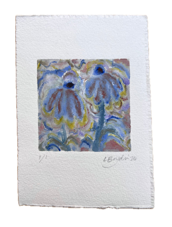 Lauren Bryden's 'Blue Dancers' is a monotype of two blue flowers