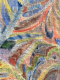 Lauren Bryden's 'Bromeliad' is a stylised composition of miscellaneous fauna. It is a mixed-media artwork on calico (a type of textile fabric). In the photograph, the edges are visible which are partially frayed. DETAIL 1