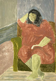 Lauren Bryden's 'Anna's Chair'. A monotype on cotton rag, depicting a seated woman. Palette is natural and neutral.