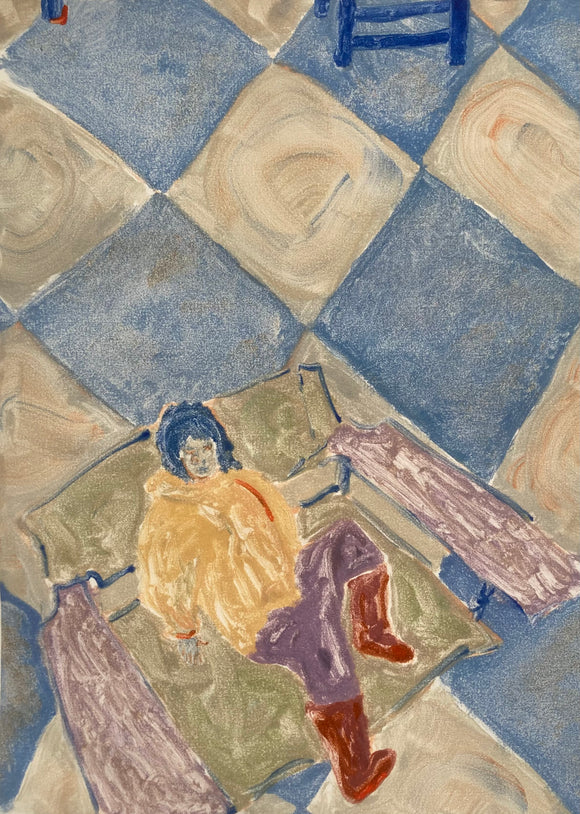 Lauren Bryden's 'Cafe'. A monotype on cotton rag, depicting a child in a seat with checkered flooring. Colours include blue, lilac and neutral tones.