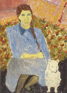 Lauren Bryden's 'Mamie and Dog'. A monotype on cotton rag. Colours include blue and neutral tones. 