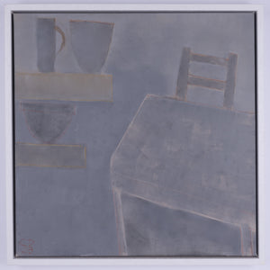 Abstract artwork with geometric shapes, that suggest a corner of a room with a table, chair and shelves with objects, on a gray background. The acrylic on canvas is photographed in a white floating frame.