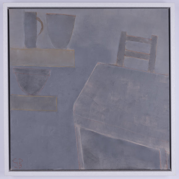 Abstract artwork with geometric shapes, that suggest a corner of a room with a table, chair and shelves with objects, on a gray background. The acrylic on canvas is photographed in a white floating frame.