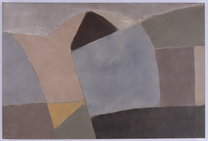 Abstract art piece with geometric shapes in brown, gray, and beige on a gray background