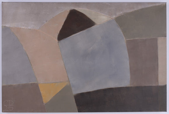 Abstract art piece with geometric shapes in brown, gray, and beige on a gray background