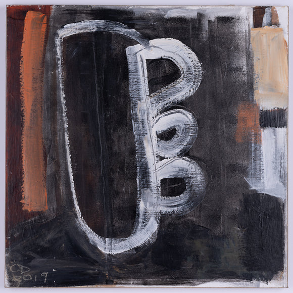 Abstract artwork with large white brush strokes on a dark background