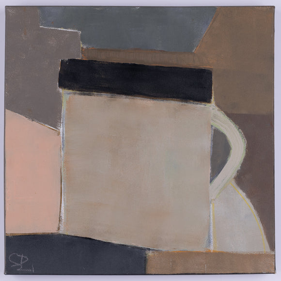 Abstract painting with geometric shapes in brown, black, and beige on a gray background