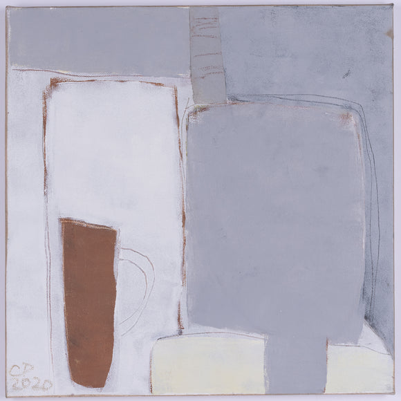 Abstract art piece with geometric shapes on a light grey background