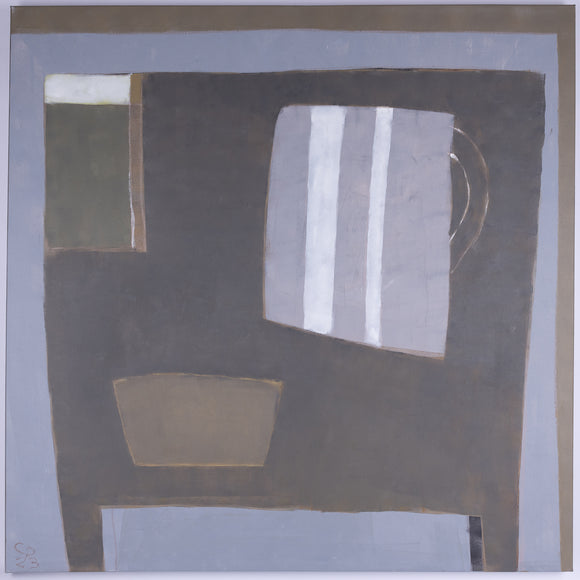 Abstract artwork with geometric shapes on a grey background