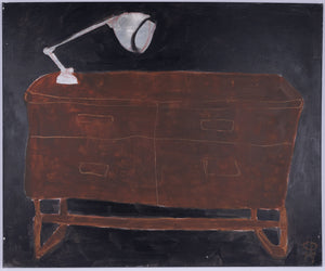 Artistic depiction of a brown desk with a lamp on a black background