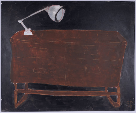 Artistic depiction of a brown desk with a lamp on a black background
