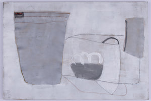 Abstract artwork with geometric shapes on a light gray background. 
