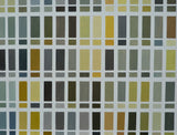 An abstract painting resembling a colour swatch chart with horizontal bars in various shades of green, brown, and gray.