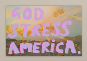 FRONT Dan Jamieson's 'God Stress America' is a digital artwork printed on alluminium. The background derives from photos taken on a 35mm style disposable camera while on a trip to Palm Springs during the 2024 election week. Jamieson has embellished the photograph with his trademark play-on-words, altering the well-known slogan 'God Bless America' to 'God Stress America'. 