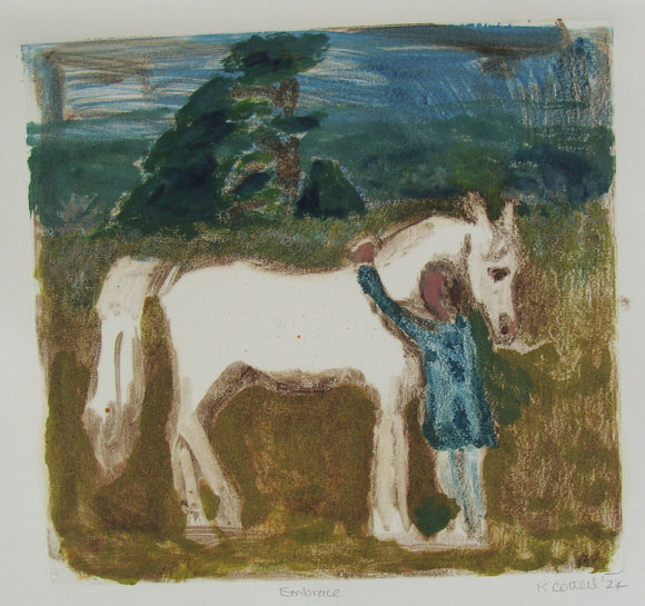 Stylised picture of a child petting a horse with trees in the background