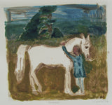 Stylised picture of a child petting a horse with trees in the background